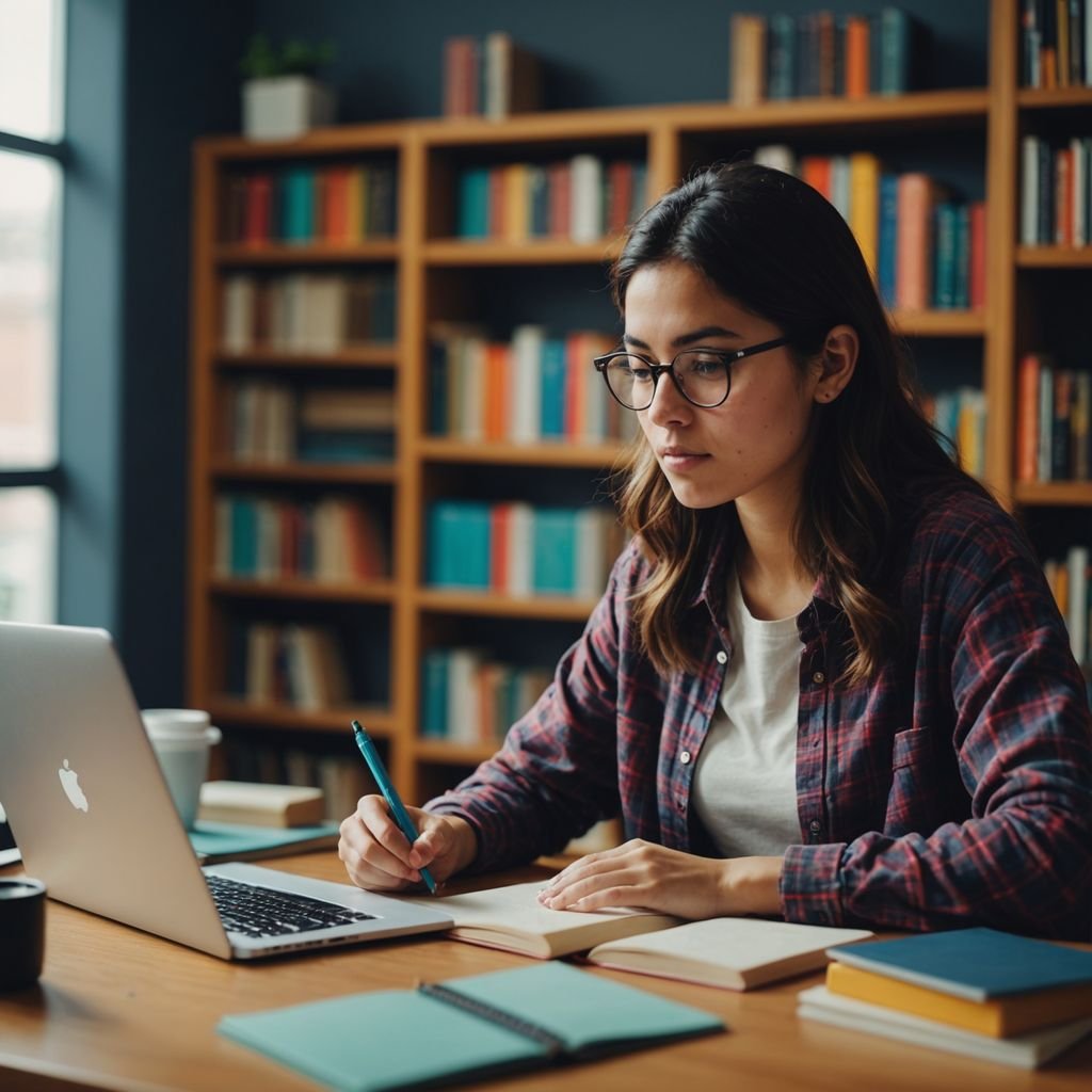 Estudiante concentrada escribiendo su tesis en una biblioteca